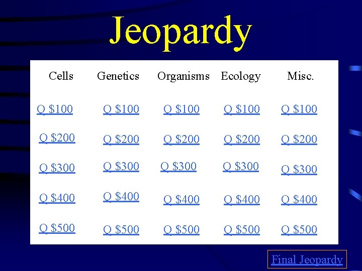 Jeopardy Cells Genetics Organisms Ecology Misc. Q $100 Q $100 Q $200 Q $200