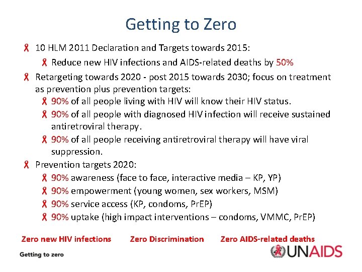Getting to Zero - 10 HLM 2011 Declaration and Targets towards 2015: - Reduce