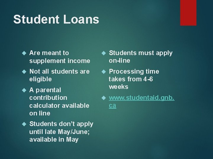 Student Loans Are meant to supplement income Students must apply on-line Not all students