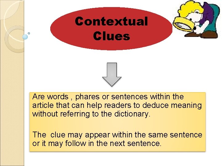 Contextual Clues Are words , phares or sentences within the article that can help