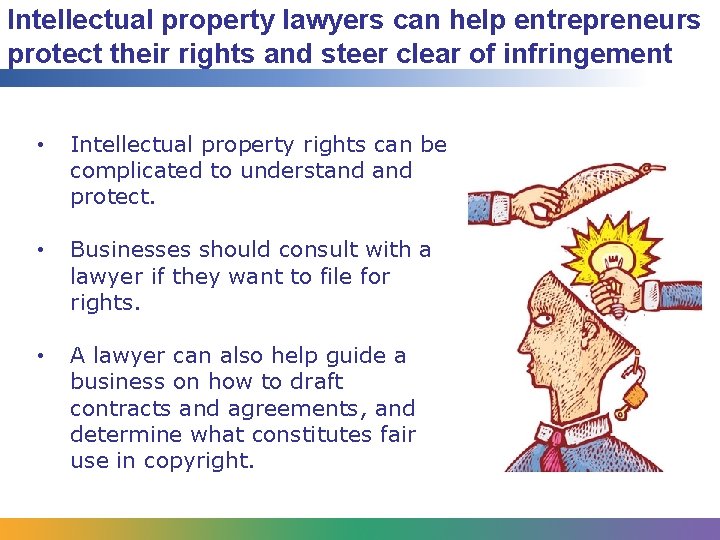 Intellectual property lawyers can help entrepreneurs protect their rights and steer clear of infringement