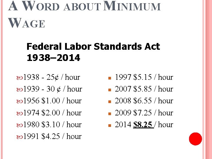 A WORD ABOUT MINIMUM WAGE Federal Labor Standards Act 1938– 2014 1938 - 25¢