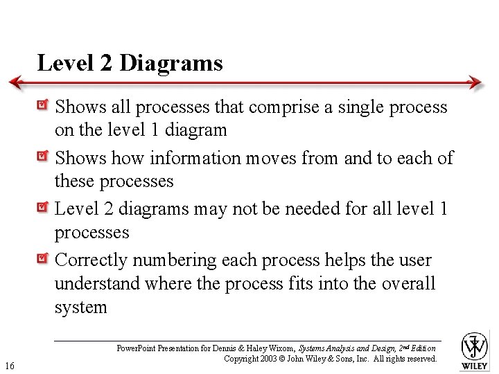 Level 2 Diagrams Shows all processes that comprise a single process on the level