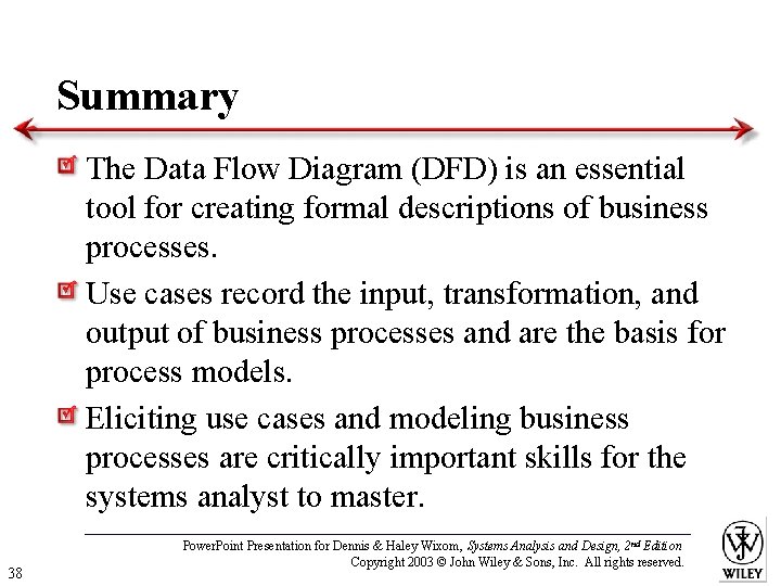 Summary The Data Flow Diagram (DFD) is an essential tool for creating formal descriptions