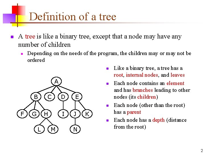 Definition of a tree n A tree is like a binary tree, except that