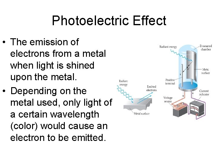 Photoelectric Effect • The emission of electrons from a metal when light is shined Photoelectric Effect • The emission of electrons from a metal when light is shined