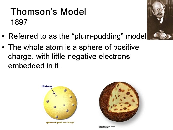 Thomson’s Model 1897 • Referred to as the “plum-pudding” model. • The whole atom Thomson’s Model 1897 • Referred to as the “plum-pudding” model. • The whole atom