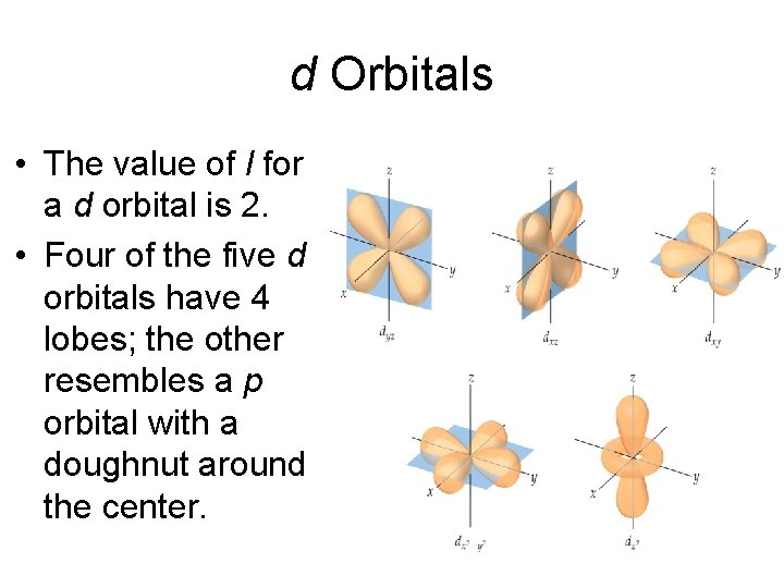 d Orbitals • The value of l for a d orbital is 2. • d Orbitals • The value of l for a d orbital is 2. •