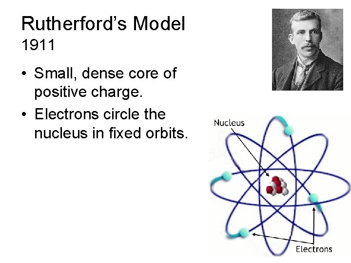 Rutherford’s Model 1911 • Small, dense core of positive charge. • Electrons circle the Rutherford’s Model 1911 • Small, dense core of positive charge. • Electrons circle the