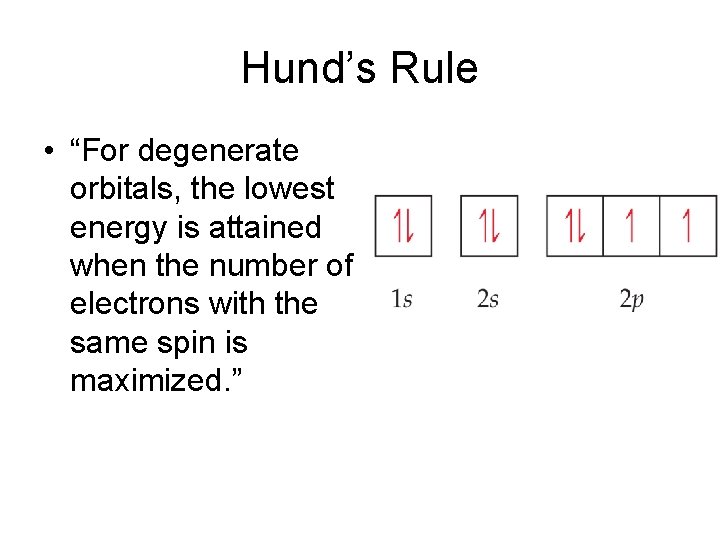 Hund’s Rule • “For degenerate orbitals, the lowest energy is attained when the number Hund’s Rule • “For degenerate orbitals, the lowest energy is attained when the number