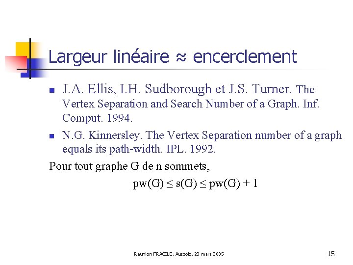 Largeur linéaire ≈ encerclement n J. A. Ellis, I. H. Sudborough et J. S.
