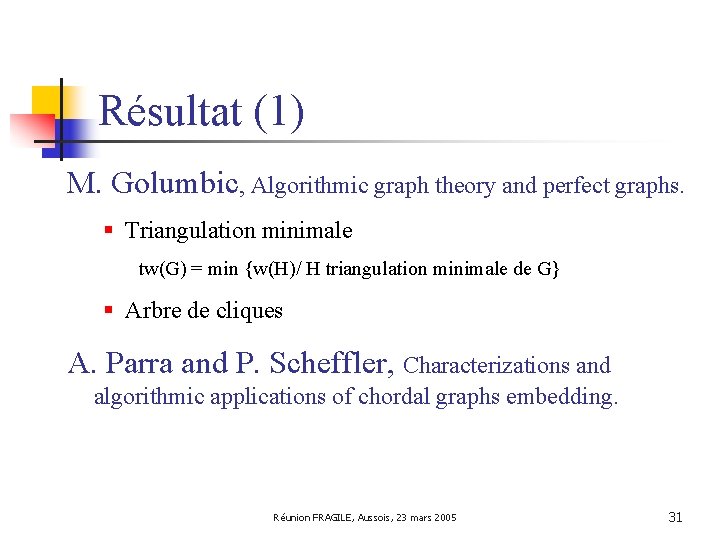 Résultat (1) M. Golumbic, Algorithmic graph theory and perfect graphs. § Triangulation minimale tw(G)