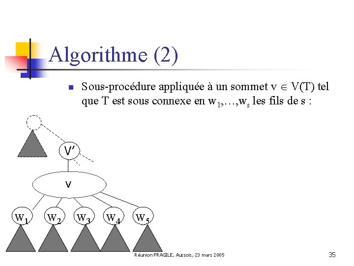 Algorithme (2) n Sous-procédure appliquée à un sommet v V(T) tel que T est