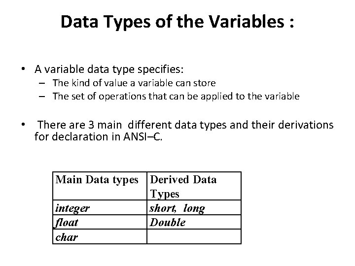 Data Types of the Variables : • A variable data type specifies: – The