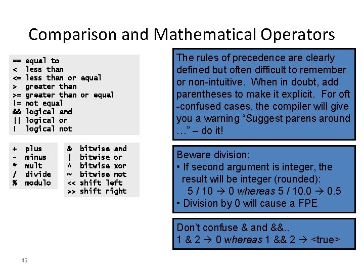 Comparison and Mathematical Operators == < <= > >= != && || ! equal