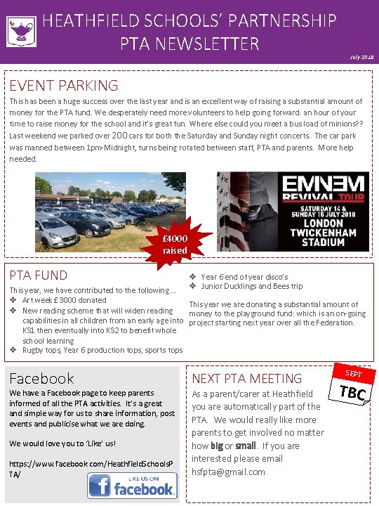 HEATHFIELD SCHOOLS’ PARTNERSHIP PTA NEWSLETTER July 2018 EVENT PARKING This has been a huge HEATHFIELD SCHOOLS’ PARTNERSHIP PTA NEWSLETTER July 2018 EVENT PARKING This has been a huge