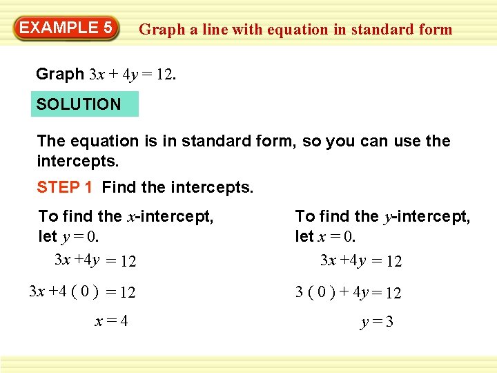 EXAMPLE 5 Graph a line with equation in standard form Graph 3 x +