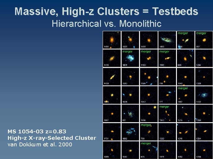 Massive, High-z Clusters = Testbeds Hierarchical vs. Monolithic MS 1054 -03 z=0. 83 High-z