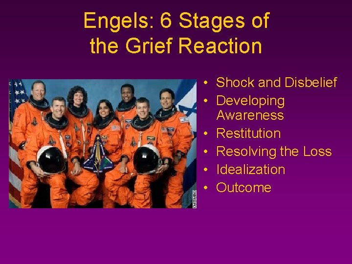 Engels: 6 Stages of the Grief Reaction • Shock and Disbelief • Developing Awareness