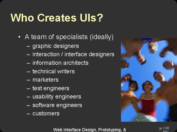 Who Creates UIs? • A team of specialists (ideally) – – – – –