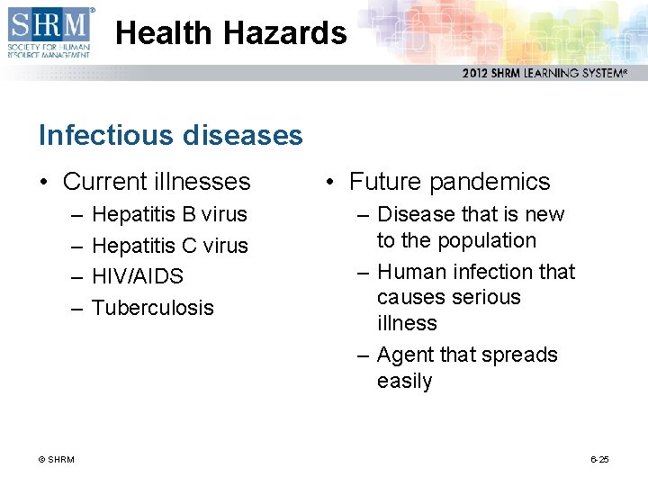 Health Hazards Infectious diseases • Current illnesses – – © SHRM Hepatitis B virus