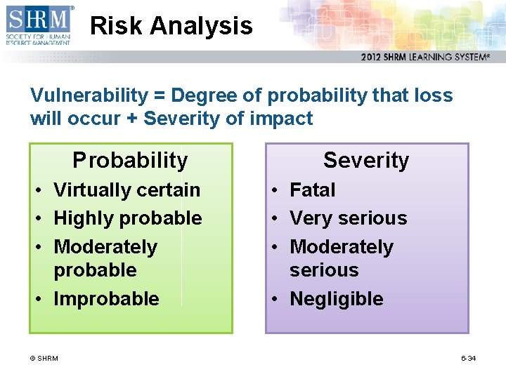 Risk Analysis Vulnerability = Degree of probability that loss will occur + Severity of