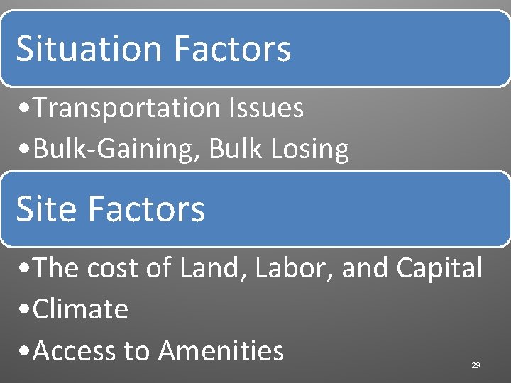 Situation Factors • Transportation Issues • Bulk-Gaining, Bulk Losing Site Factors • The cost