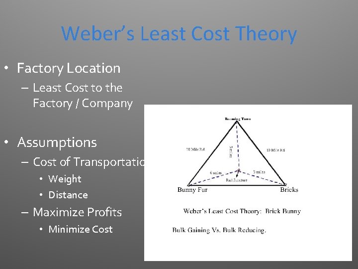 Weber’s Least Cost Theory • Factory Location – Least Cost to the Factory /