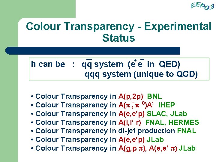 Colour Transparency - Experimental Status + h can be : qq system (e e