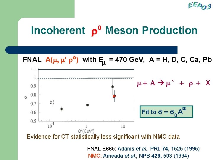 Incoherent r 0 Meson Production FNAL A(m, m’ ro) with Em = 470 Ge.