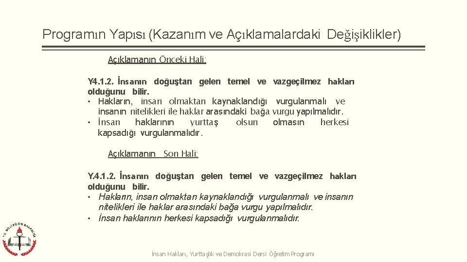 Programın Yapısı (Kazanım ve Açıklamalardaki Değişiklikler) Açıklamanın Önceki Hali: Y 4. 1. 2. İnsanın