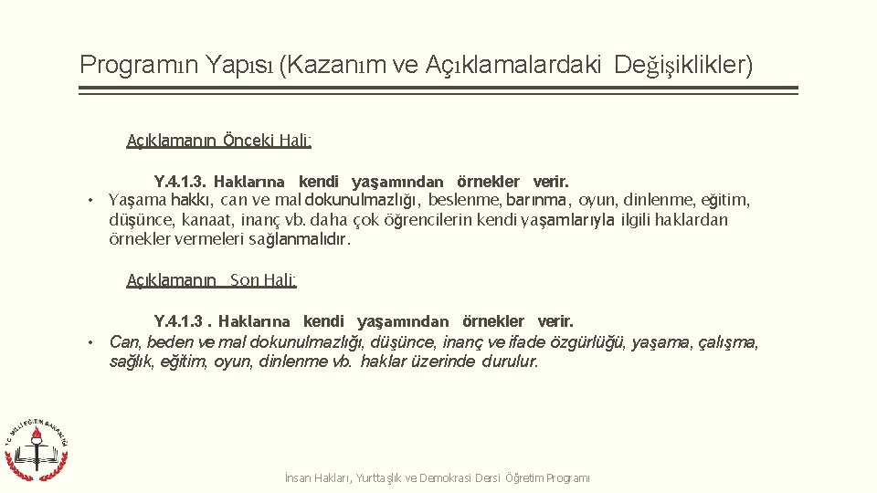 Programın Yapısı (Kazanım ve Açıklamalardaki Değişiklikler) Açıklamanın Önceki Hali: Y. 4. 1. 3. Haklarına