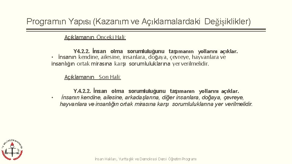 Programın Yapısı (Kazanım ve Açıklamalardaki Değişiklikler) Açıklamanın Önceki Hali: Y 4. 2. 2. İnsan