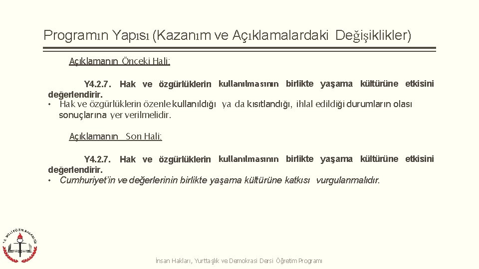 Programın Yapısı (Kazanım ve Açıklamalardaki Değişiklikler) Açıklamanın Önceki Hali: Y 4. 2. 7. Hak