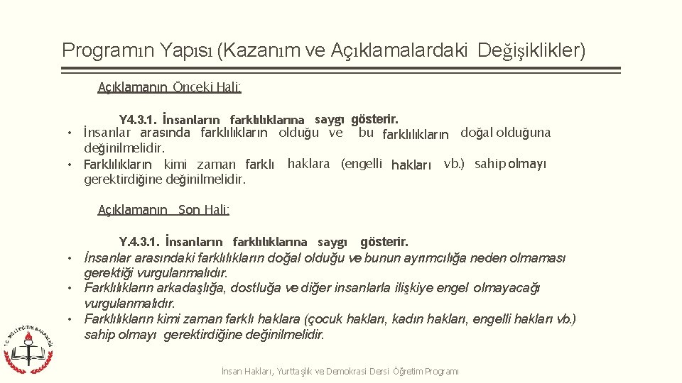 Programın Yapısı (Kazanım ve Açıklamalardaki Değişiklikler) Açıklamanın Önceki Hali: Y 4. 3. 1. İnsanların