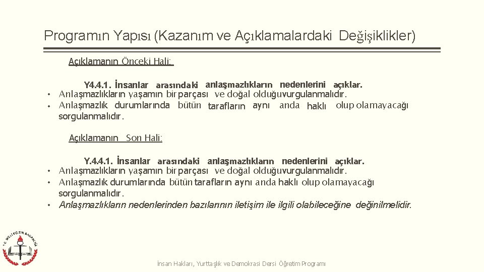 Programın Yapısı (Kazanım ve Açıklamalardaki Değişiklikler) Açıklamanın Önceki Hali: Y 4. 4. 1. İnsanlar