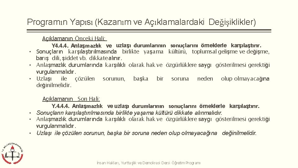 Programın Yapısı (Kazanım ve Açıklamalardaki Değişiklikler) Açıklamanın Önceki Hali: Y 4. 4. 4. Anlaşmazlık