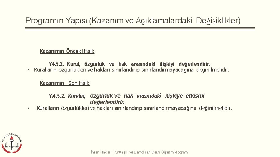 Programın Yapısı (Kazanım ve Açıklamalardaki Değişiklikler) Kazanımın Önceki Hali: Y 4. 5. 2. Kural,