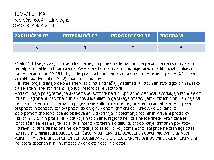 HUMANISTIKA Področje: 6. 04 – Etnologija OPIS STANJA v 2010 ZAKLJUČENI TP 3 POTEKAJOČI