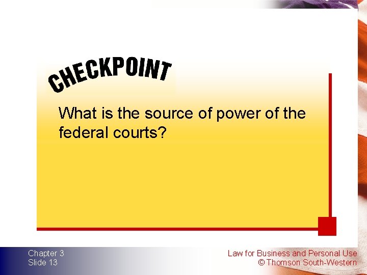 What is the source of power of the federal courts? Chapter 3 Slide 13 What is the source of power of the federal courts? Chapter 3 Slide 13