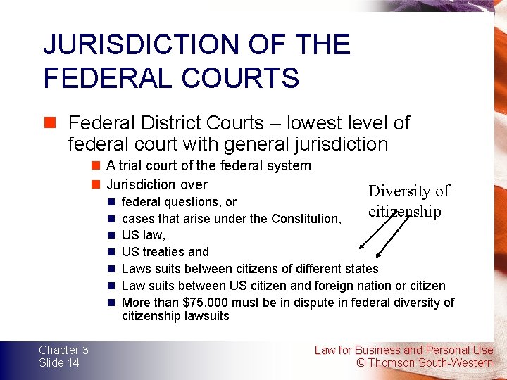 JURISDICTION OF THE FEDERAL COURTS n Federal District Courts – lowest level of federal JURISDICTION OF THE FEDERAL COURTS n Federal District Courts – lowest level of federal
