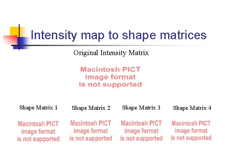 Intensity map to shape matrices Original Intensity Matrix Shape Matrix 1 Shape Matrix 2