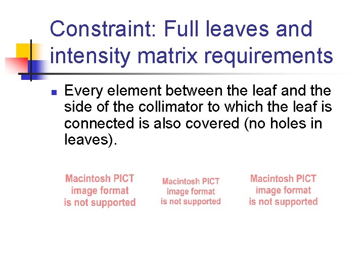 Constraint: Full leaves and intensity matrix requirements n Every element between the leaf and