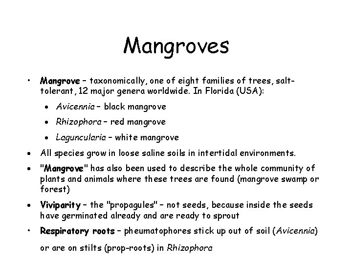 Mangroves • Mangrove – taxonomically, one of eight families of trees, salttolerant, 12 major