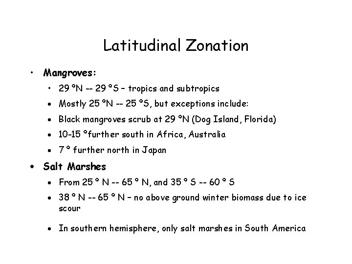 Latitudinal Zonation • Mangroves: • 29 ºN -- 29 ºS – tropics and subtropics Latitudinal Zonation • Mangroves: • 29 ºN -- 29 ºS – tropics and subtropics