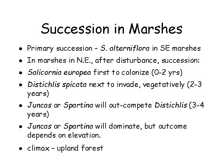 Succession in Marshes · Primary succession – S. alterniflora in SE marshes · In Succession in Marshes · Primary succession – S. alterniflora in SE marshes · In