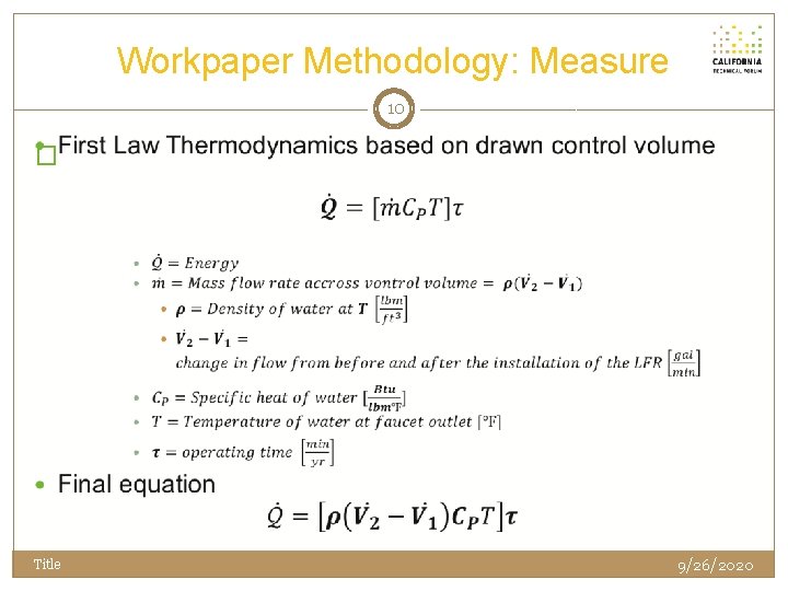 Workpaper Methodology: Measure 10 � Title 9/26/2020 