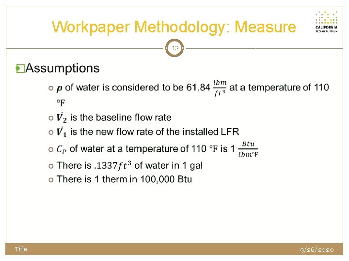 Workpaper Methodology: Measure 12 � Title 9/26/2020 