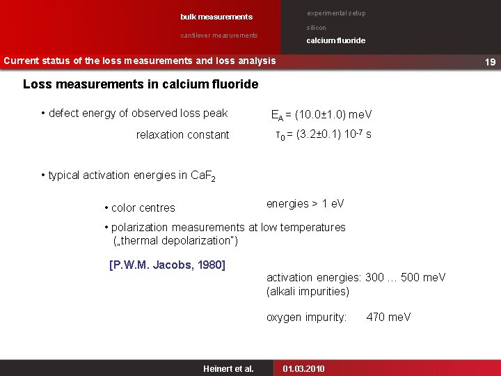 experimental setup bulk measurements silicon cantilever measurements calcium fluoride Current status of the loss