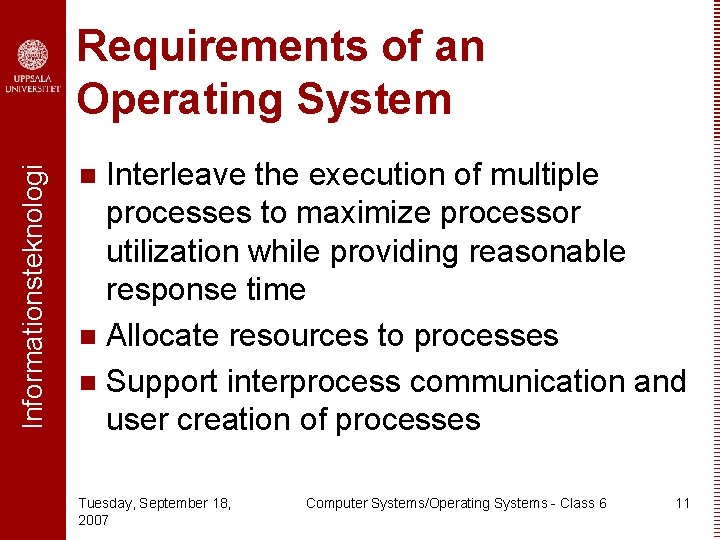 Informationsteknologi Requirements of an Operating System Interleave the execution of multiple processes to maximize